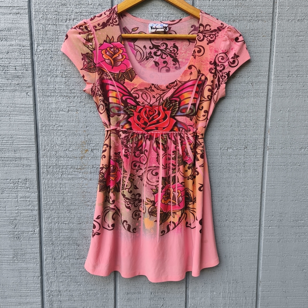 y2k Tomorrow USA Rose Butterfly Artsy Tattoo Print Empire Waist Tunic Top sz M